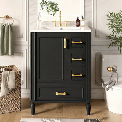 Meuble-lavabo compact transitionnel de 24 pouces avec lavabo en céramique, porte à fermeture douce, 3 tiroirs et poignées dorées, pour les petits espaces et l'élégance moderne