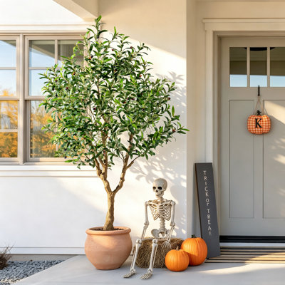 Olivier artificiel de 1,80 m avec pot blanc, olivier artificiel réaliste avec feuilles et fruits réalistes, grande plante d'intérieur pour salon, entrée, bureau, décoration, cadeau pour l'Halloween, Noël, Thanksgiving