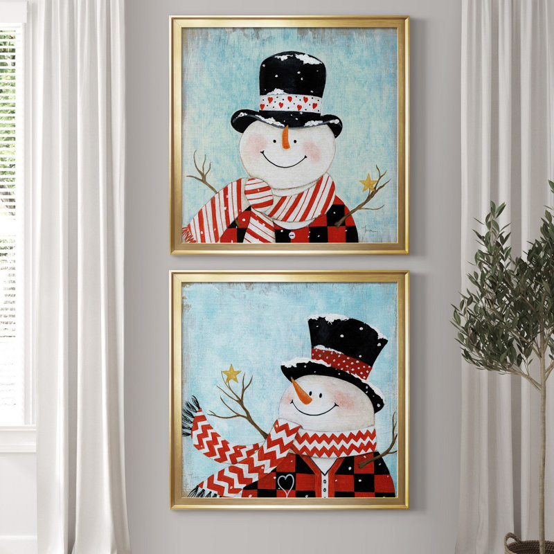 «Dapper Snowman I», ensemble de 2 reproductions d'art, H 17,5 po x l 35 po x P 1,5 po, Toile encadrée d'or, Pas de tapis
