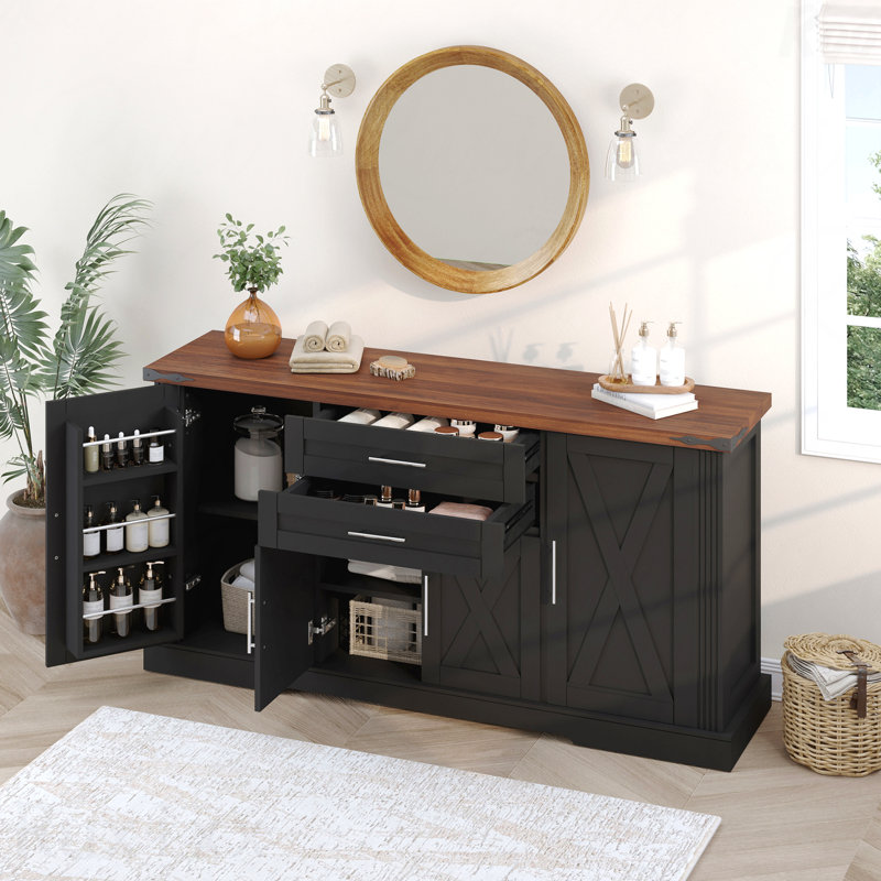 Armoire de rangement 63 "à porte de grange 63" - 2 tiroirs, support de porte, tablettes réglables, grand buffet café, Noir