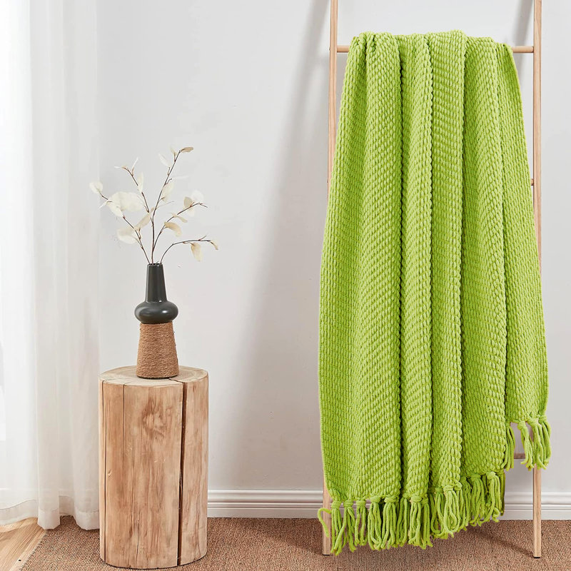 Dark Citron Knitted Reversible Throw Blanket with Braided Tassels