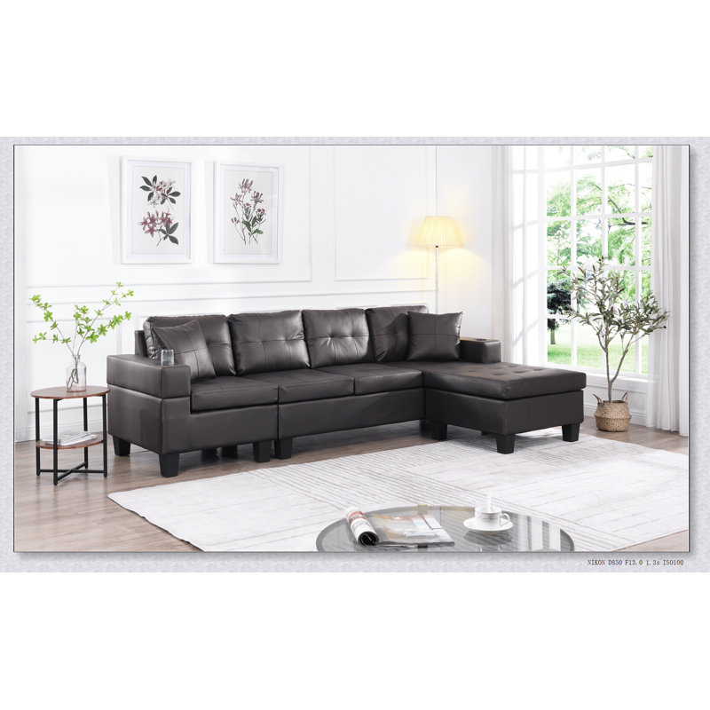 Ensemble de canapé modulaire pour salon avec méridienne en L et porte-gobelet, Simili cuir brun foncé, Orienté à droite