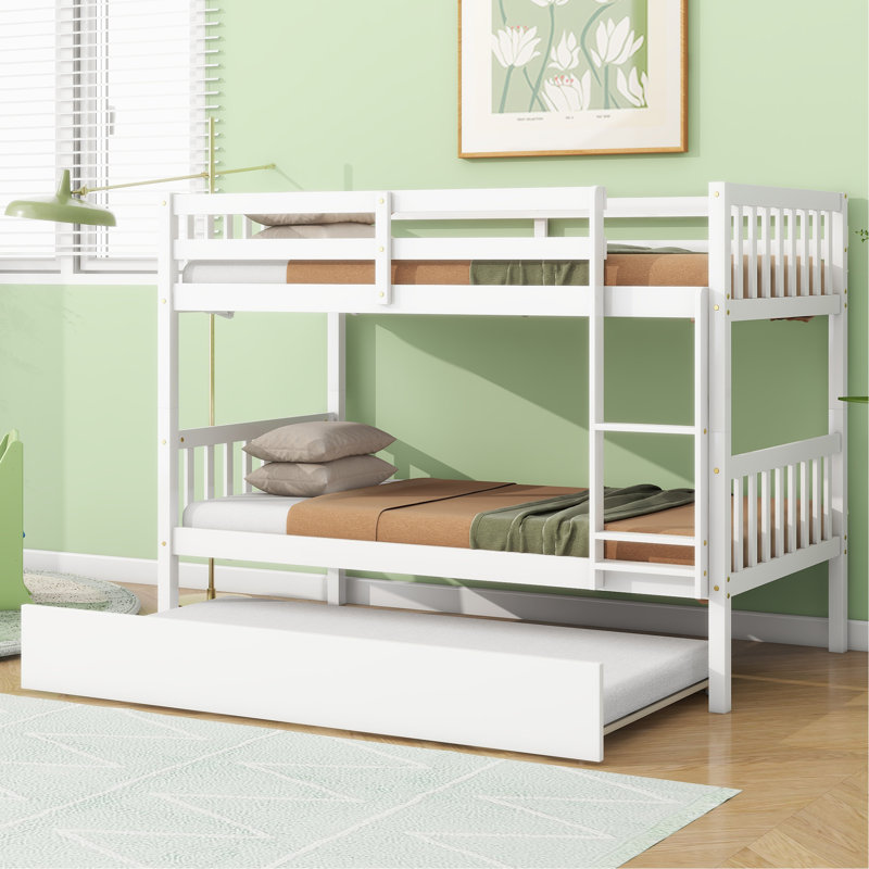 Sotion Kids Bunk Bed with Trundle, White, Twin Over Twin
