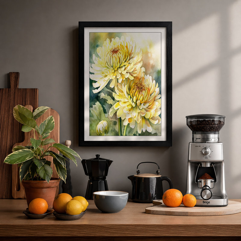 Chrysanthemums in Golden Light Botanical 1 Piece Single Picture Frame Wall Art, A4 - 29.7 x 21.0 cm, Black