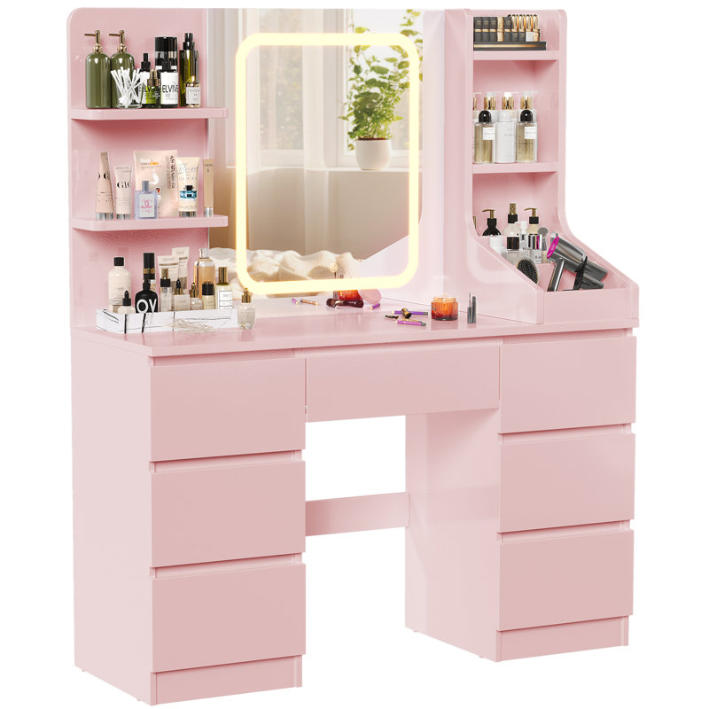 LED Dressing table 7 Drawers and 7 Storage Shelves Dressing Table With Mirror Large Desktop Makeup Desk, Pink