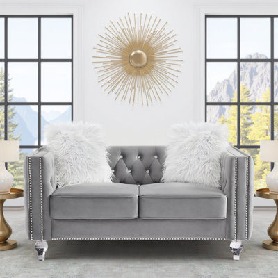 60" Chesterfield Sofa, Velvet Mid-Century Modern Upholstered Loveseat Sofa With 2 Throw Pillows And Acrylic Legs, Nailhead Button Tufted Vintage Couch For Living Room, Apartment