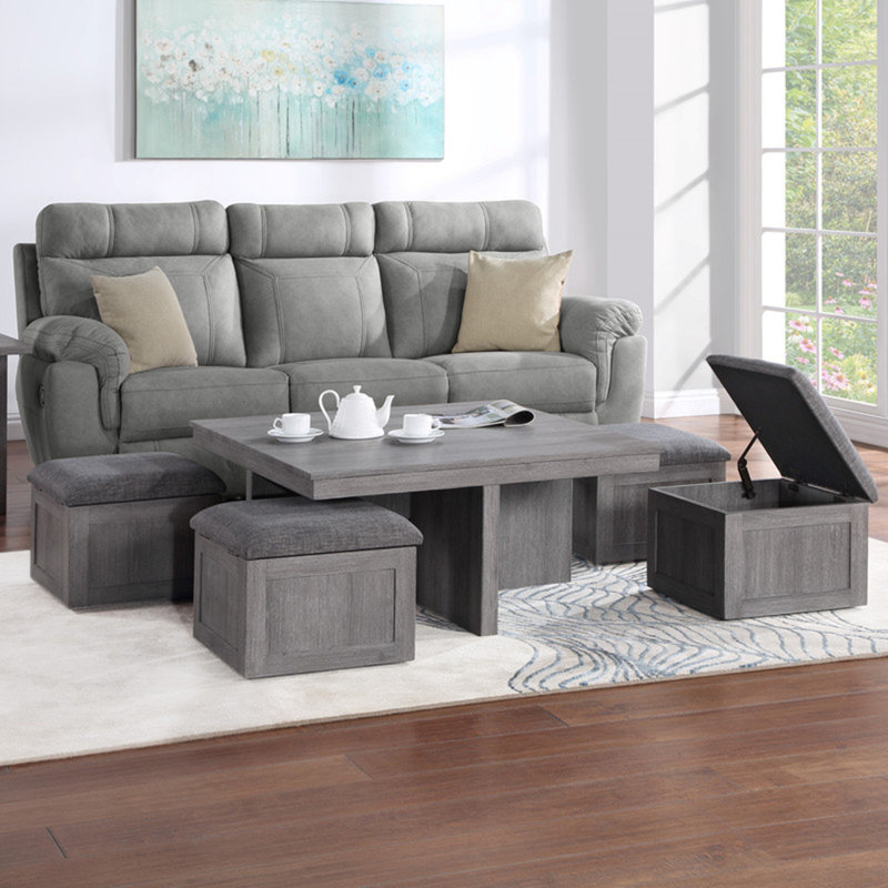 Table basse grise vieillie avec tabourets de rangement, Gris clair