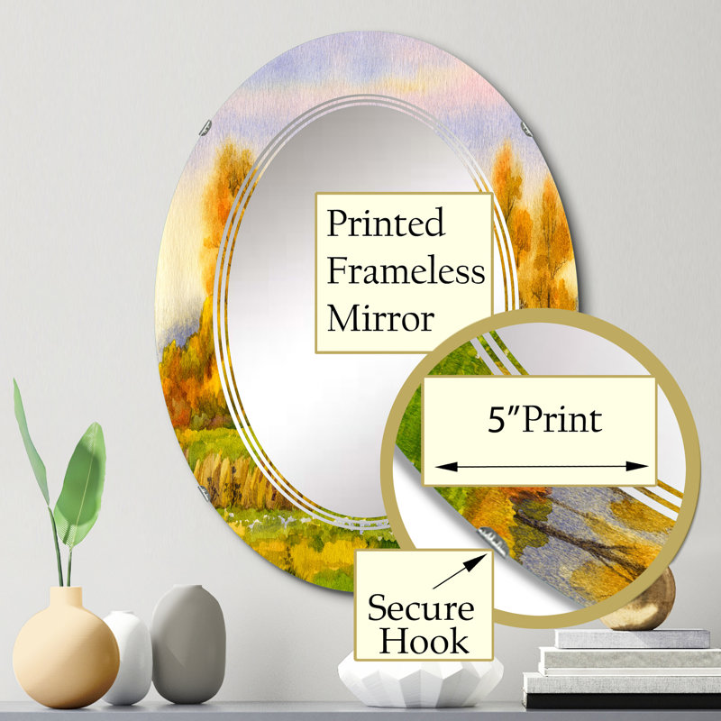 Meules de foin sur un champ de campagne en couleurs d'automne - Miroir mural ovale, 30 po x 20 po