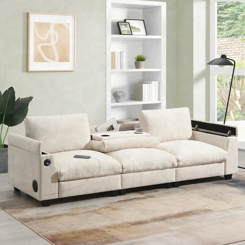 Chenille Sectional Sofa with Bluetooth Speaker,Comfy Cloud Couch Set with Drop Down Table,Cup Holders,USB Charger,Storage Armrest,Wide Seat Sofa for Living Room,Apartment,Office