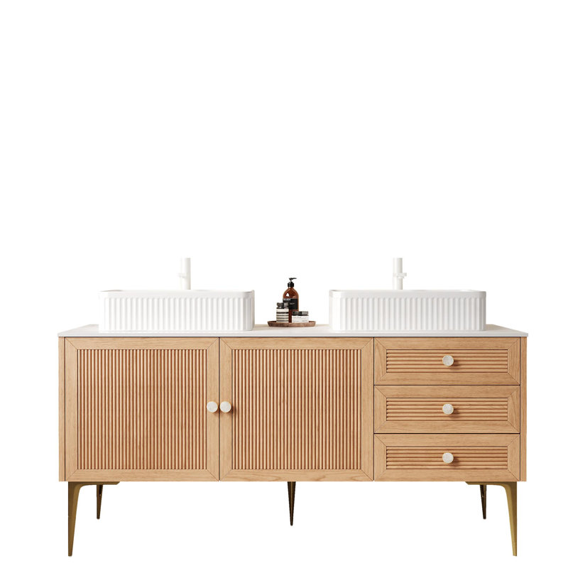 Meuble-lavabo de salle de bain avec lavabo, armoire de rangement autoportante en contreplaqué avec 4 pieds en métal, une porte et 2 tiroirs, lavabo rectangulaire en céramique blanche, sans robinet, pré-assemblé