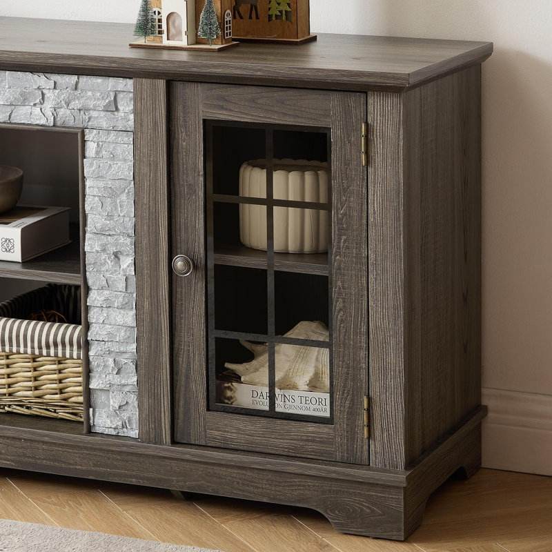 58" Modern TV Stand With 2-Door Storage, Faux Stone Media Console Cabinet, Grey Large Entertainment Center For Living Room