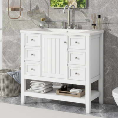 36" Bathroom Vanity With Sink Combo, One Cabinet And Three Drawers, Solid Wood And MDF Board