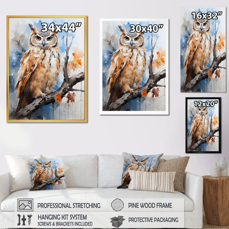 Owl Wise And Watchful prédateurs sur toile, Cadre blanc, H 40 po x l 30 po x P 1,5 po