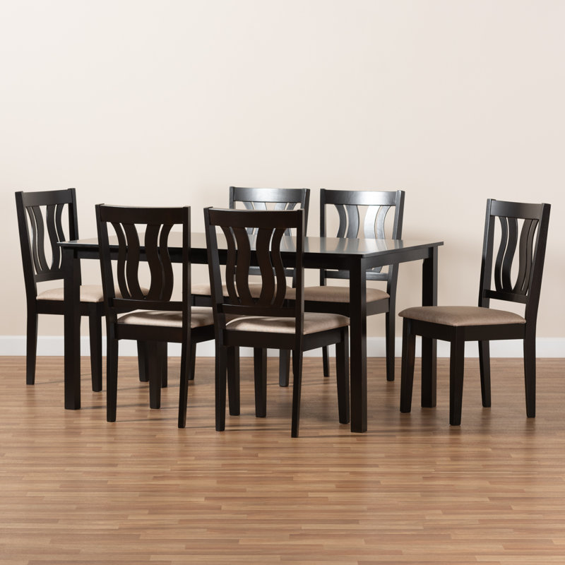 Ensemble de salle à manger 7 pièces Joslyne en tissu sable et bois brun foncé, H 37,4 po x l 18,7 po x P 20 po