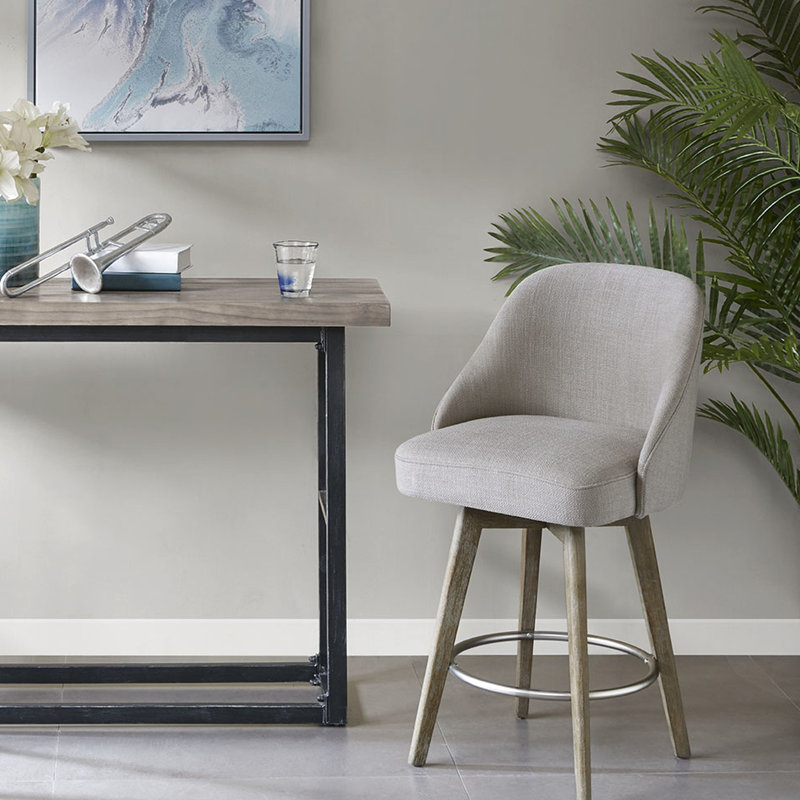 Tabouret de comptoir, siège pivotant à 360 degrés, bois massif et métal, gris, siège d'une hauteur de 25,75 po, assemblage requis avec la fonction tabouret à outils, pieds, tissu gris, repose-pieds en métal,