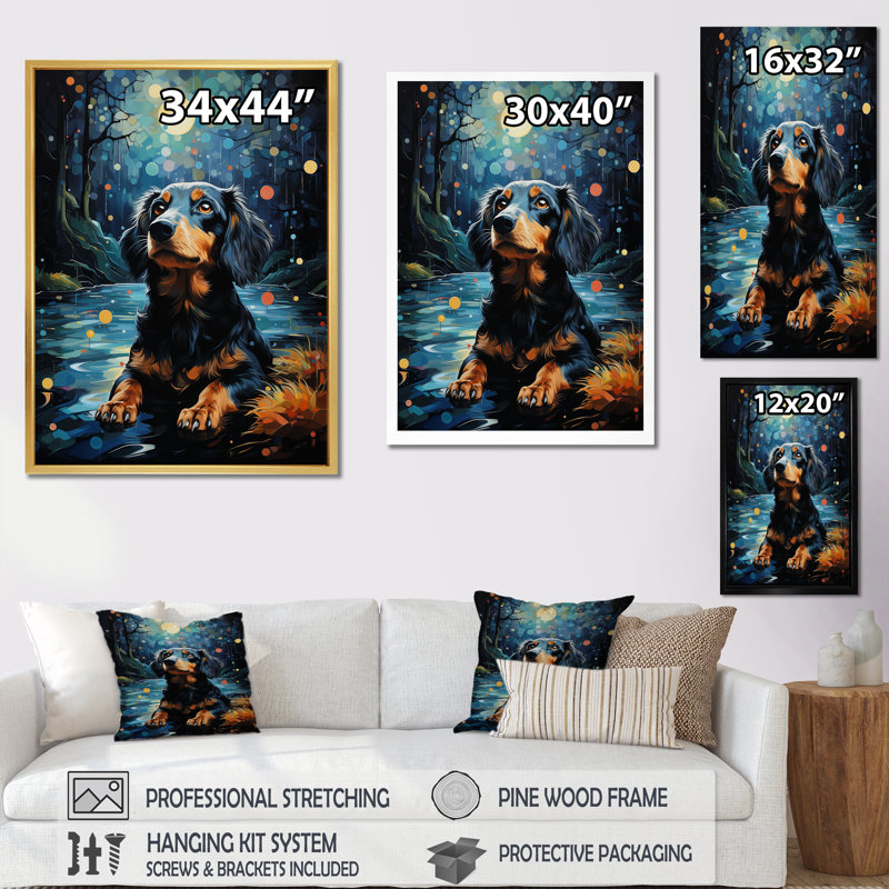 «Dachshund Dreamscape I» sur toile, Cadre naturel flottant, H 20 po x l 12 po x P 1 po