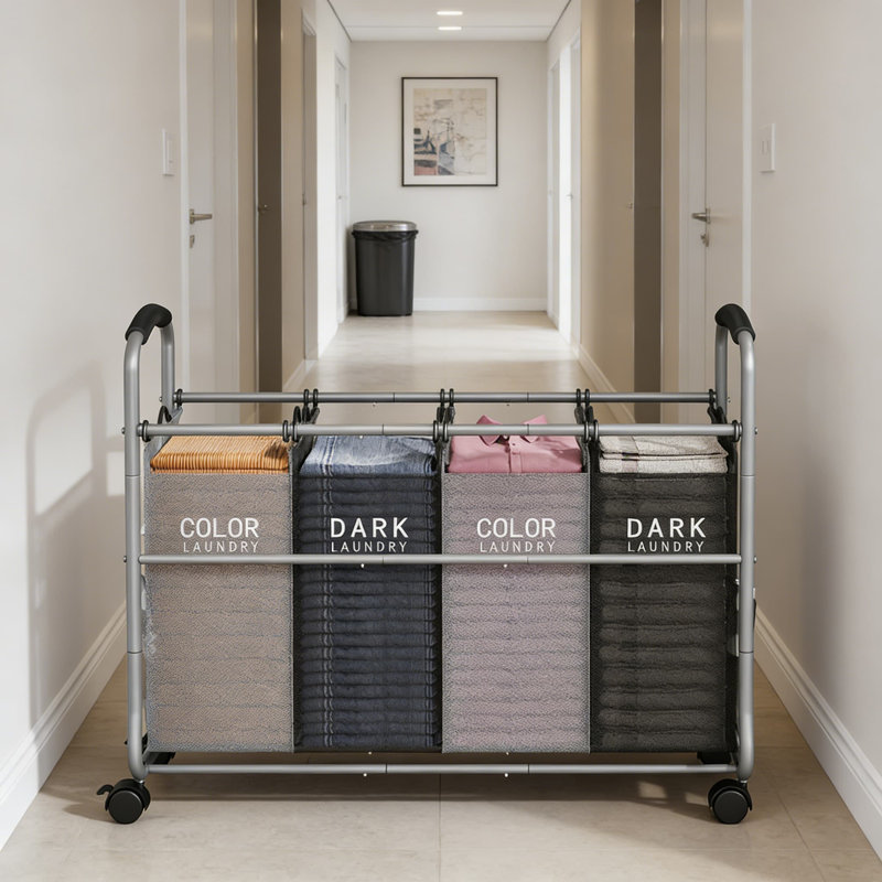 Panier à linge à 4 sections avec sacs imperméables amovibles, roues verrouillables robustes et structure en métal robuste pour faciliter l'organisation des vêtements