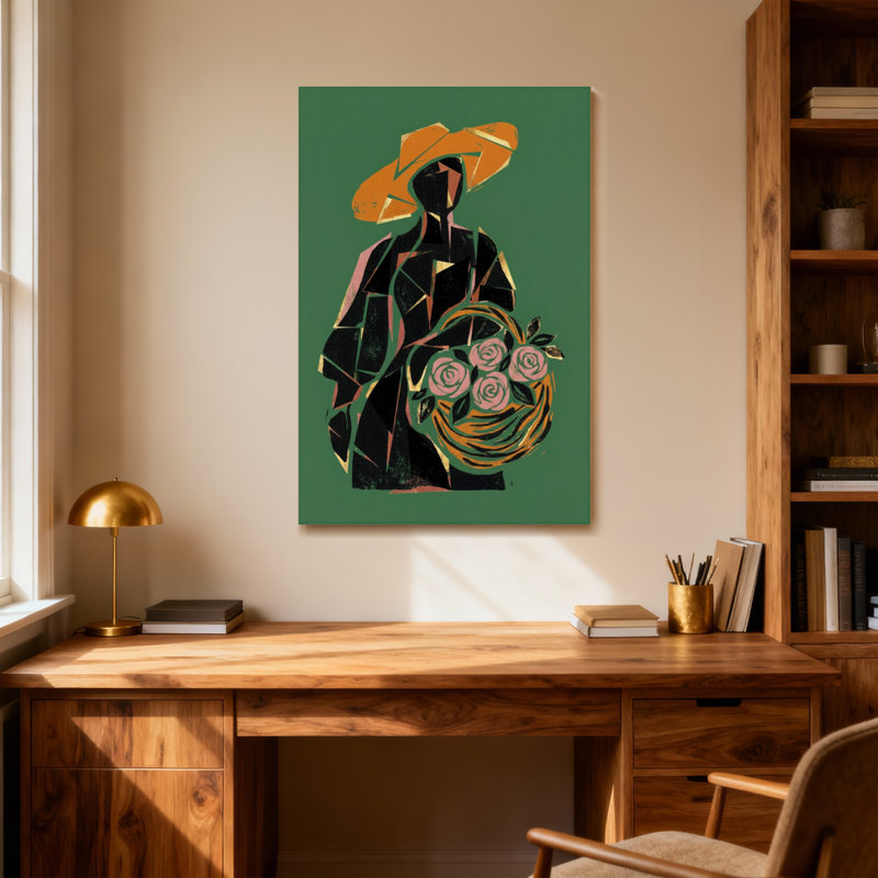 Plantes et fleurs Femme avec un chapeau et un panier de roses, H 30 po x l 20 po