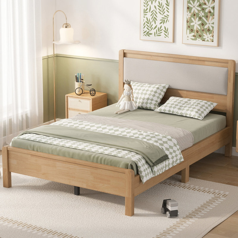 Lit plateforme en bois avec tête de lit et lattes, Lit double, Naturel