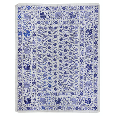 77x100 in Crochet Wall Hanging. Silk Embroidery Bed Cover in Cream & Blue. Decorative Bedding