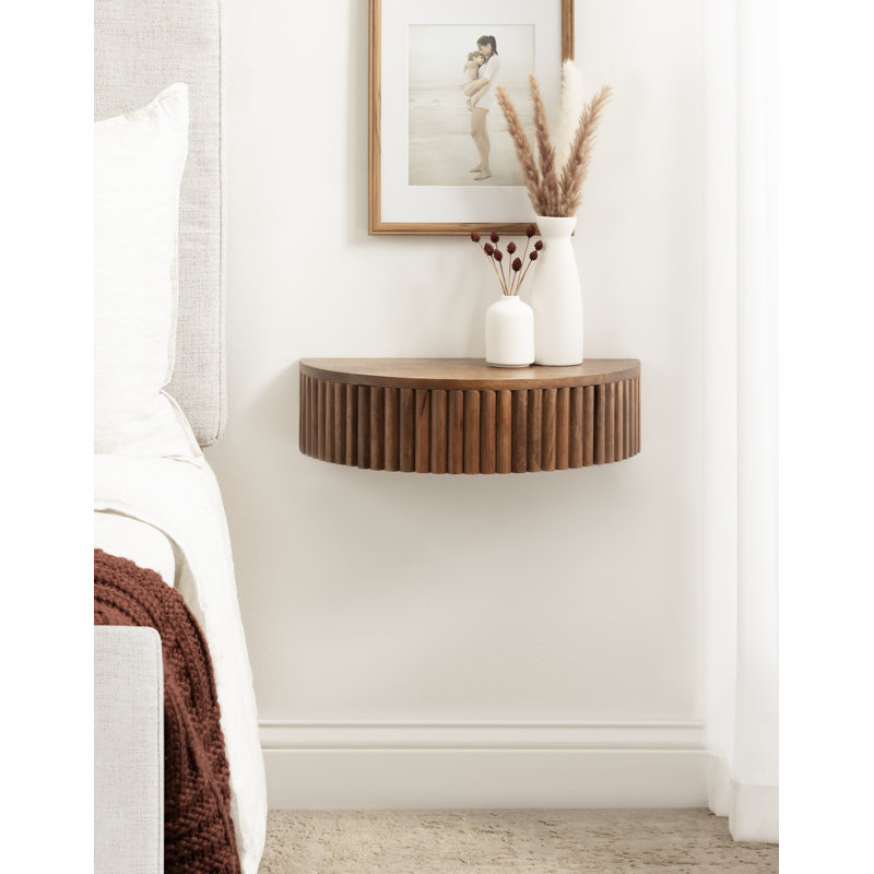 Kristie Half-circle Mango Solid Wood Floating Shelf with Drawer, Medium Wood