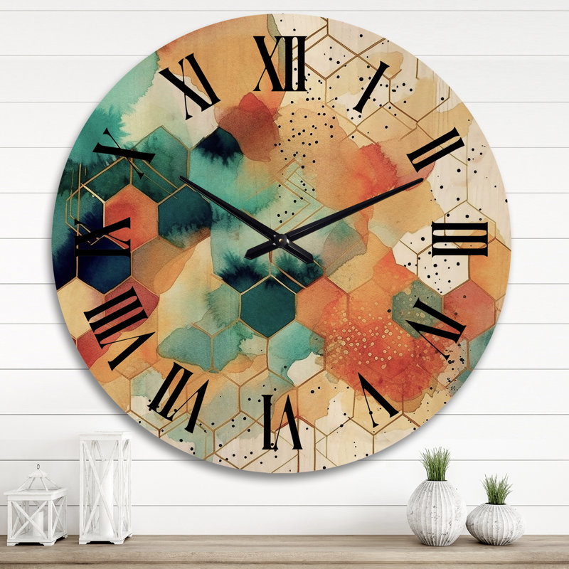Horloge murale surdimensionnée en bois Hexagone I - Formes abstraites colorées, Très grand