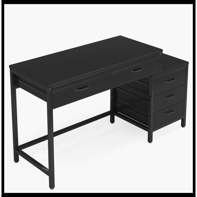 Bureau d'ordinateur à 5 tiroirs, bureau d'écriture avec commode réversible, Noir, Noir