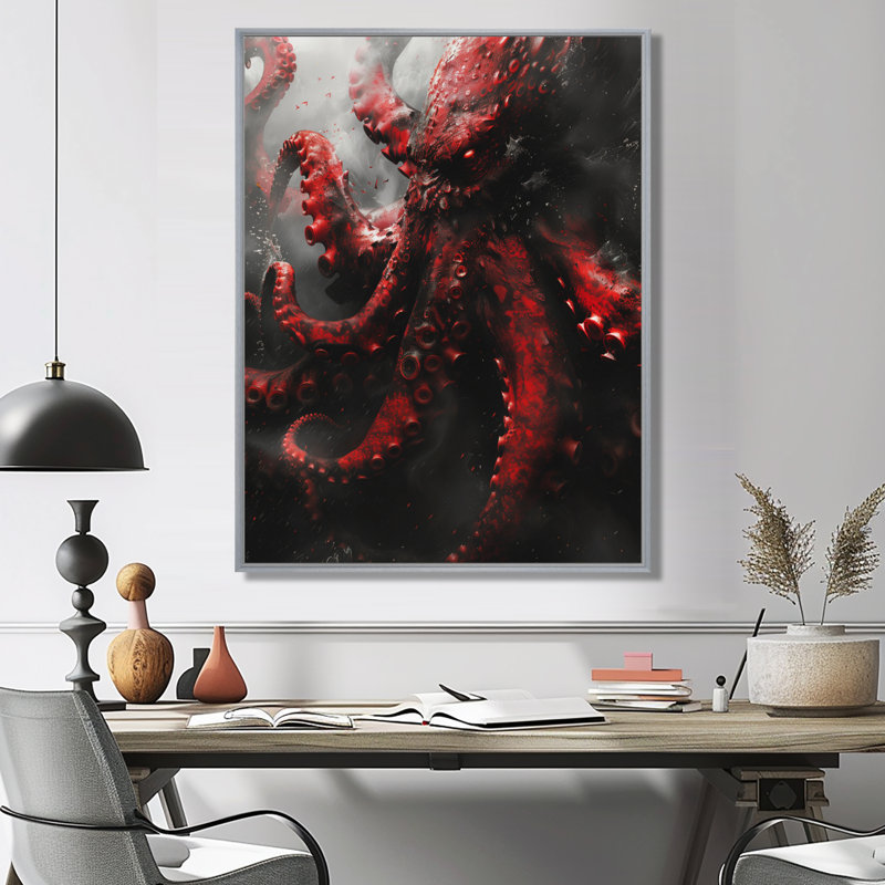 «Red Grey Kraken Mythical Creature II», reproduction d'art mural Mythical Creatures, Encadrement argenté