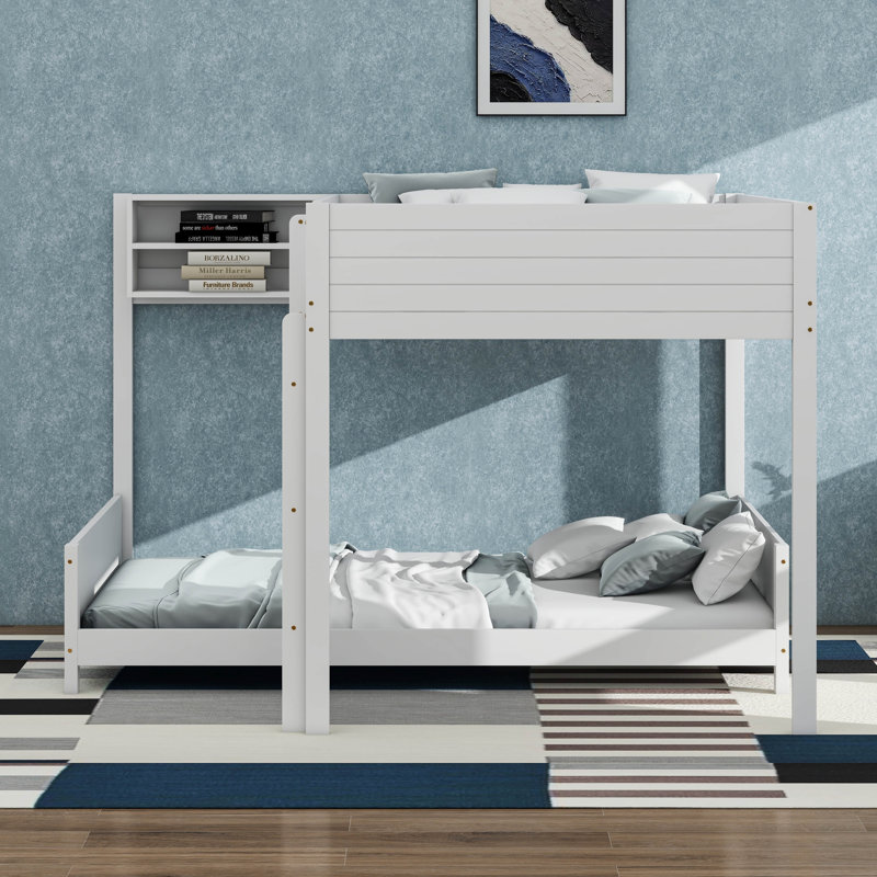 Lit superposé en bois double avec lit superposé double avec plateau de rangement intégré et échelle, avec support à lattes, aucun sommier nécessaire