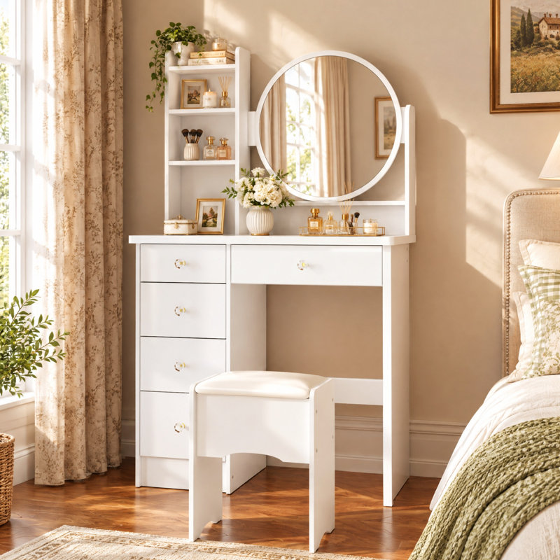 Ensemble de coiffeuse avec tabouret et miroir, Blanc