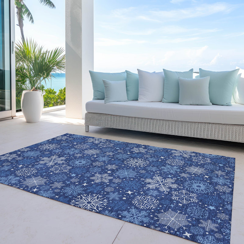 Tapis bleu marine flocon de neige Xhevrie intérieur / extérieur lavable à la machine, Rectangle 5 pi x 7 pi 6 po