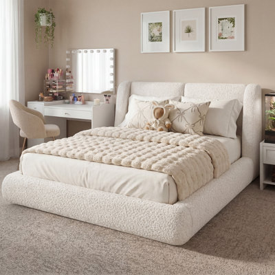 Cloud Upholstered Bed Frame, Soft Boucle Fabric Upholstered Bed with 5" Thick Wingback Headboard, Platform Bed for Modern Bedroom, Easy Assembly & No Box Spring