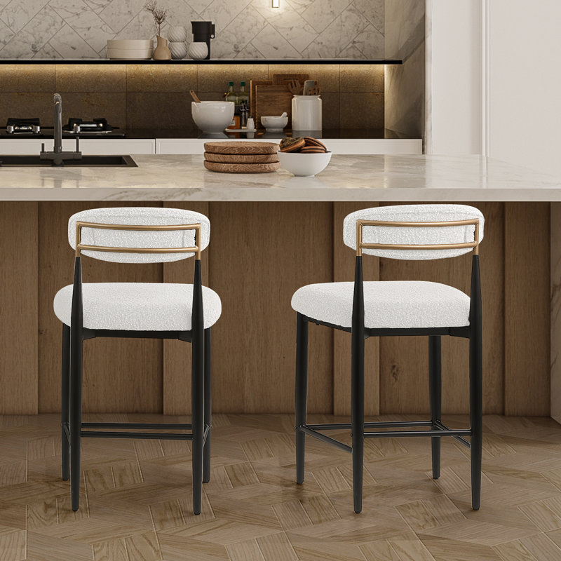 Teddy Boucle Upholstered Bar Stool, 65cm Counter Height with Metal Frame, White Boucle