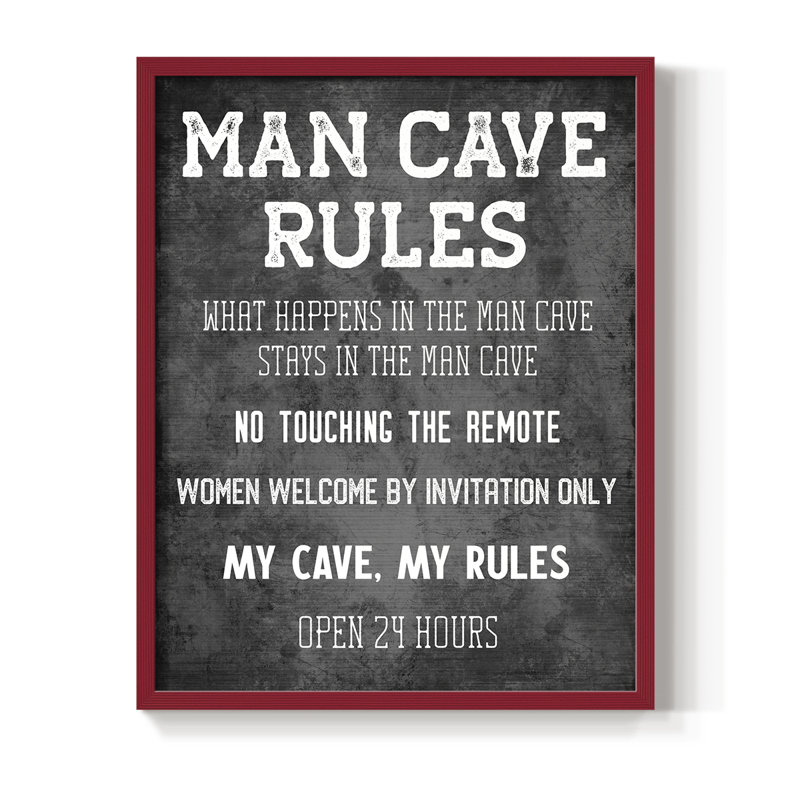 Man Cave Rules Framed Print - Solid Wood, 11" H x 9" W, Red