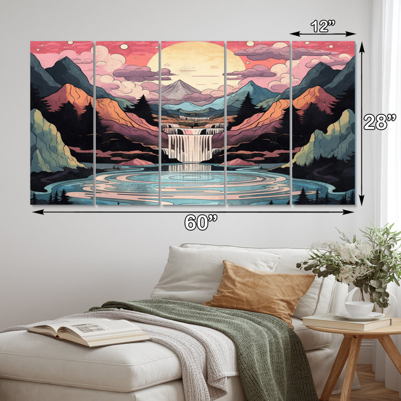 Fiery Mountain Skies II - impression abstraite de paysage mural - 5 panneaux égaux