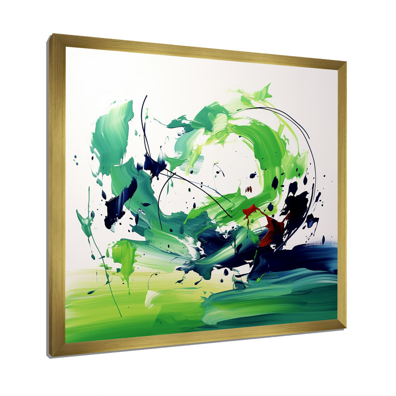 «Green and White Abstract Ink Expression II», art mural abstrait, Cadre doré simple, H 36 po x l 36 po x P 1,5 po