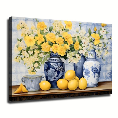 Vases bleus et blancs avec des citrons, tableau sur toile encadré, prêt à accrocher, décoration murale pour salon, chambre ou maison