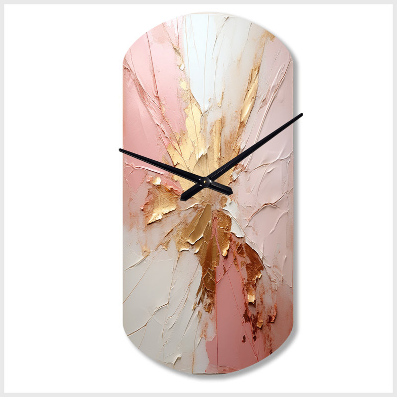Or et rose, peinture fusion - peinture abstraite horloge murale asymétrique en métal, impression d'horloge murale cylindrique moderne