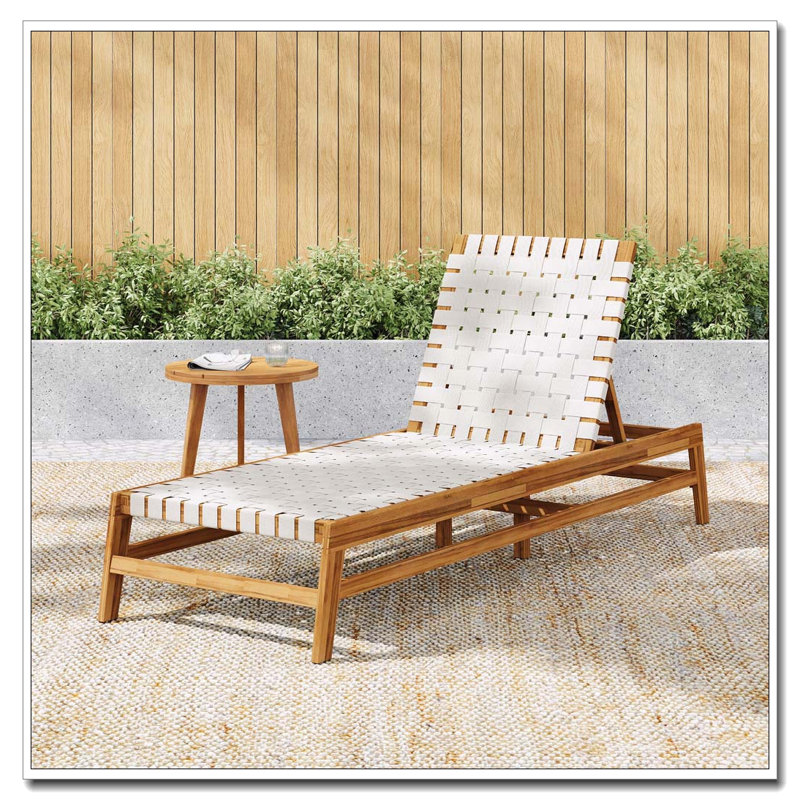 Chaise longue d'extérieur en corde, structure en bois d'acacia avec dossier réglable, Teck / Blanc