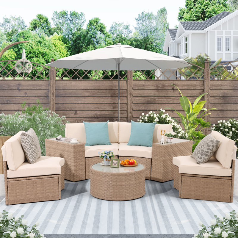 Rasmus 7-Piece Rattan Sofa Seating Group with Cushions, Natural Wood Frame/Beige Cushion