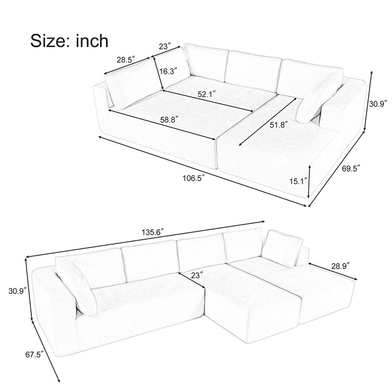 Beige Modular Three-Piece Fabric Sectional Sofa with Ottoman