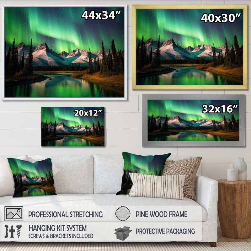 Yukon Dream Aurora II - reproduction sur toile, Cadre flottant doré, H 12 po x l 20 po x P 1 po