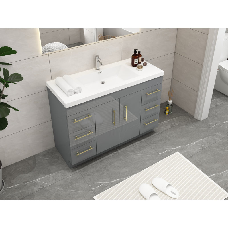 Carliss 48'' Single Bathroom Vanity with Acrylic Top, Glossy Gray, Gold