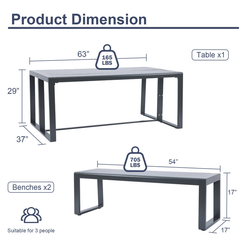Ensemble repas d'extérieur en métal 63 po avec table rectangulaire et bancs Aoodor, Noir