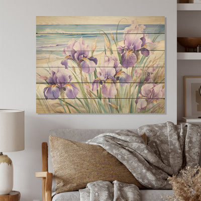 Purple Irises On The Beach - Irises Wood Wall Art On Natural Pine Wood