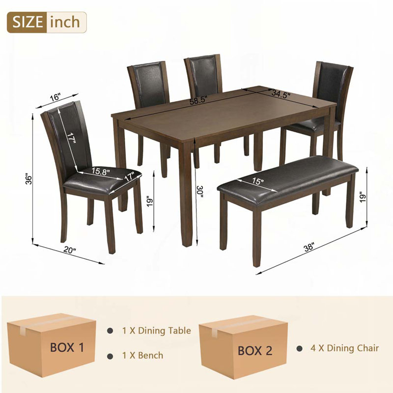 Ensemble de table de salle à manger 6 pièces avec banc et chaises, Noyer foncé, Noir / noyer foncé, Noir / noyer foncé