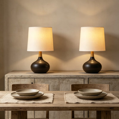 Set Of 2 Modern Farmhouse Table Lamps With Ceramic Base, Wood Stem & Linen Shade - 14 Inch Bedside Nightstand Lamps For Bedroom, Living Room & Office Decor