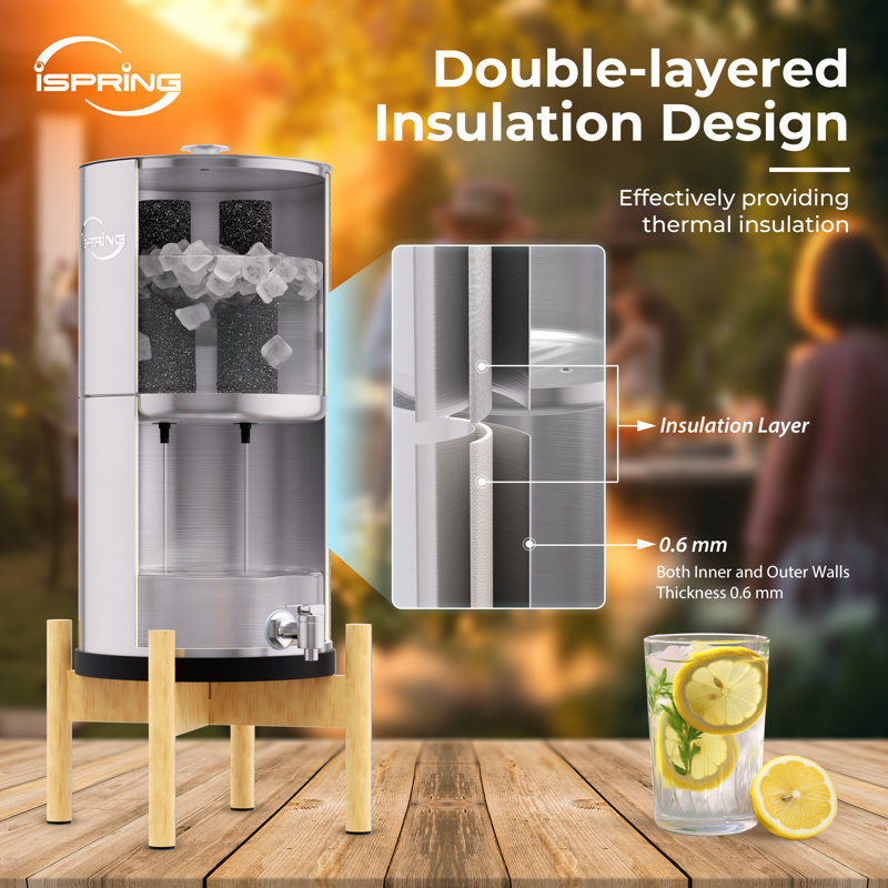 Système de filtration d'eau de comptoir en acier inoxydable iSpring DGF2-B avec base en bois noir, 3,17 gallons avec 2 filtres à eau au charbon actif, réduction du chlore, filtre à eau portable pour la maison et la fête