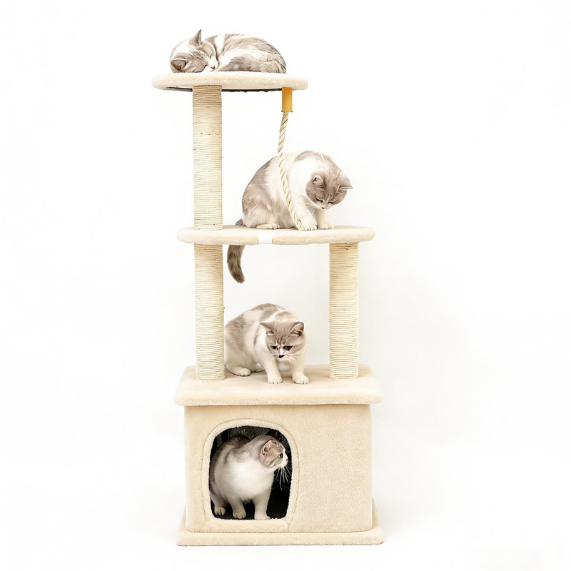 Arbre à chat avec condo et poteau en sisal, tour de chat à plusieurs niveaux avec perchoirs supérieurs, poteau à chat, Beige