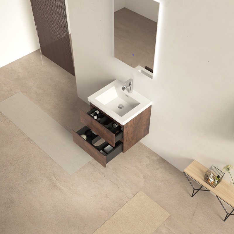 Meuble-lavabo mural simple 24 po en bois de rose flottant avec plateau en pierre blanc brillant et 2 tiroirs Modern, 24"